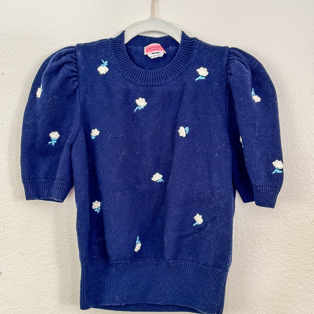 Kate Spade Blue Crew Neck Sweater with Puffed Sleeves